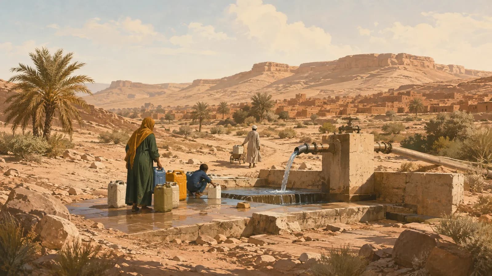Illustration d'un paysage du Sud algérien où une canalisation d'eau traverse un terrain aride, avec un point d'eau au premier plan.