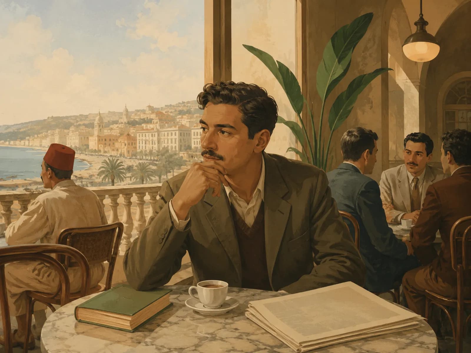 Illustration d'un café littéraire à Alger vers 1960, avec table en marbre, tasse, livre et journal dans une ambiance de fin d'après-midi.