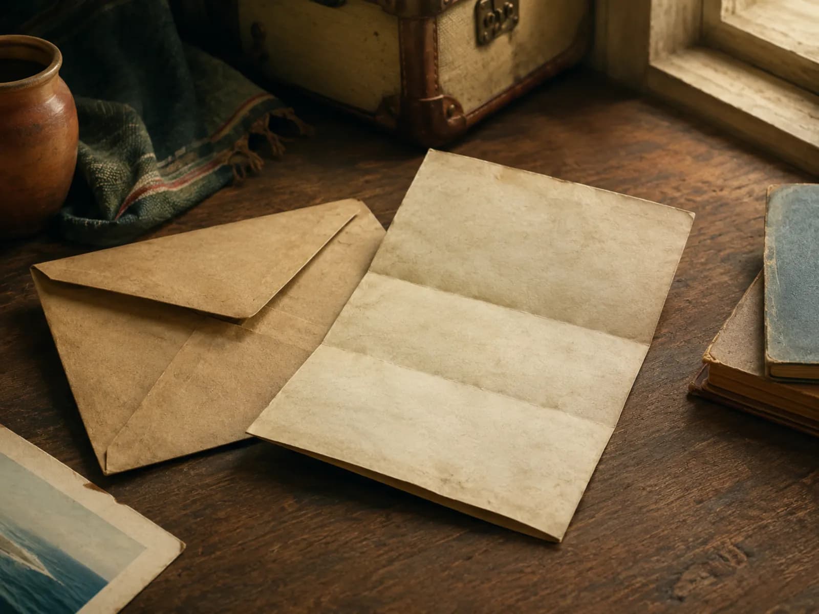 Illustration d'une lettre et d'une enveloppe posées sur une table en bois, évoquant une correspondance d'émigration vers 1975.