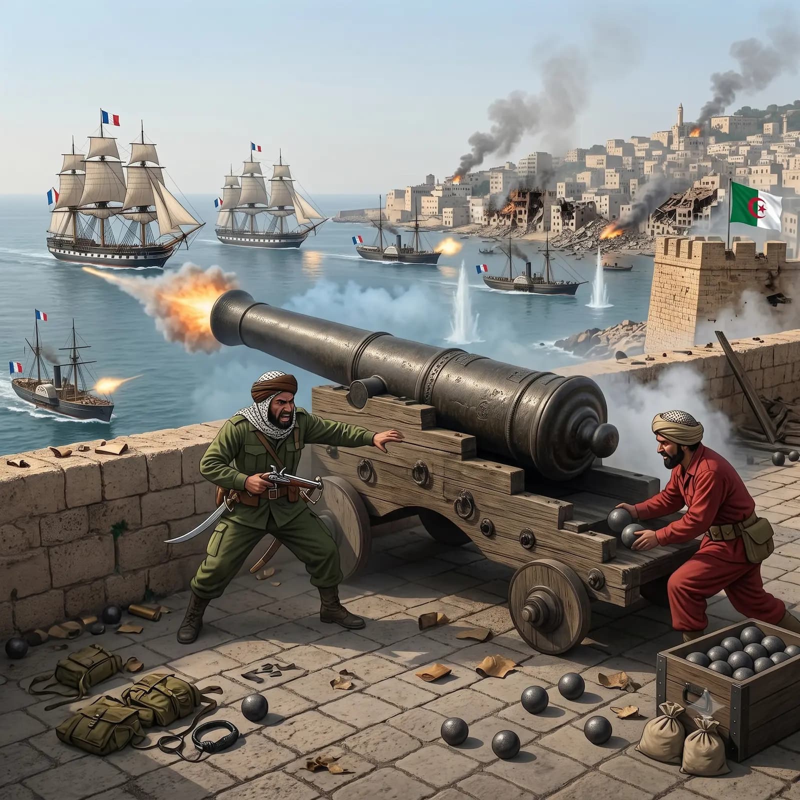 Illustration du canon Baba Merzoug défendant la baie d'Alger face à des navires